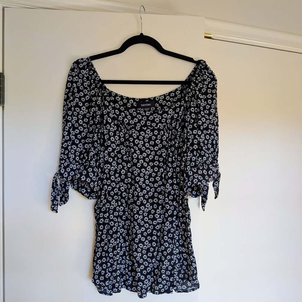 Karen Kane Women's Black & White Ditsy Floral Print Tie-Sleeve Blouse, Size 2X